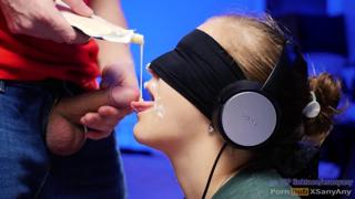 Blindfolded bukkake bash with 4K surprise blowjob