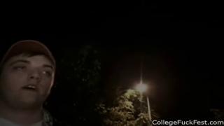 Frantic college coed in sleazy dormitory ménage à trois
