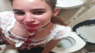 Straight A schoolgirl servicing dad at the toilet ¦ cock🍆 sucking