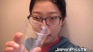 Sweet Japanese girl uses the toilet and collects urine