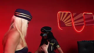 Airline stewardess gives a glass-blowing, anal-loving, pantyhose-wearing,